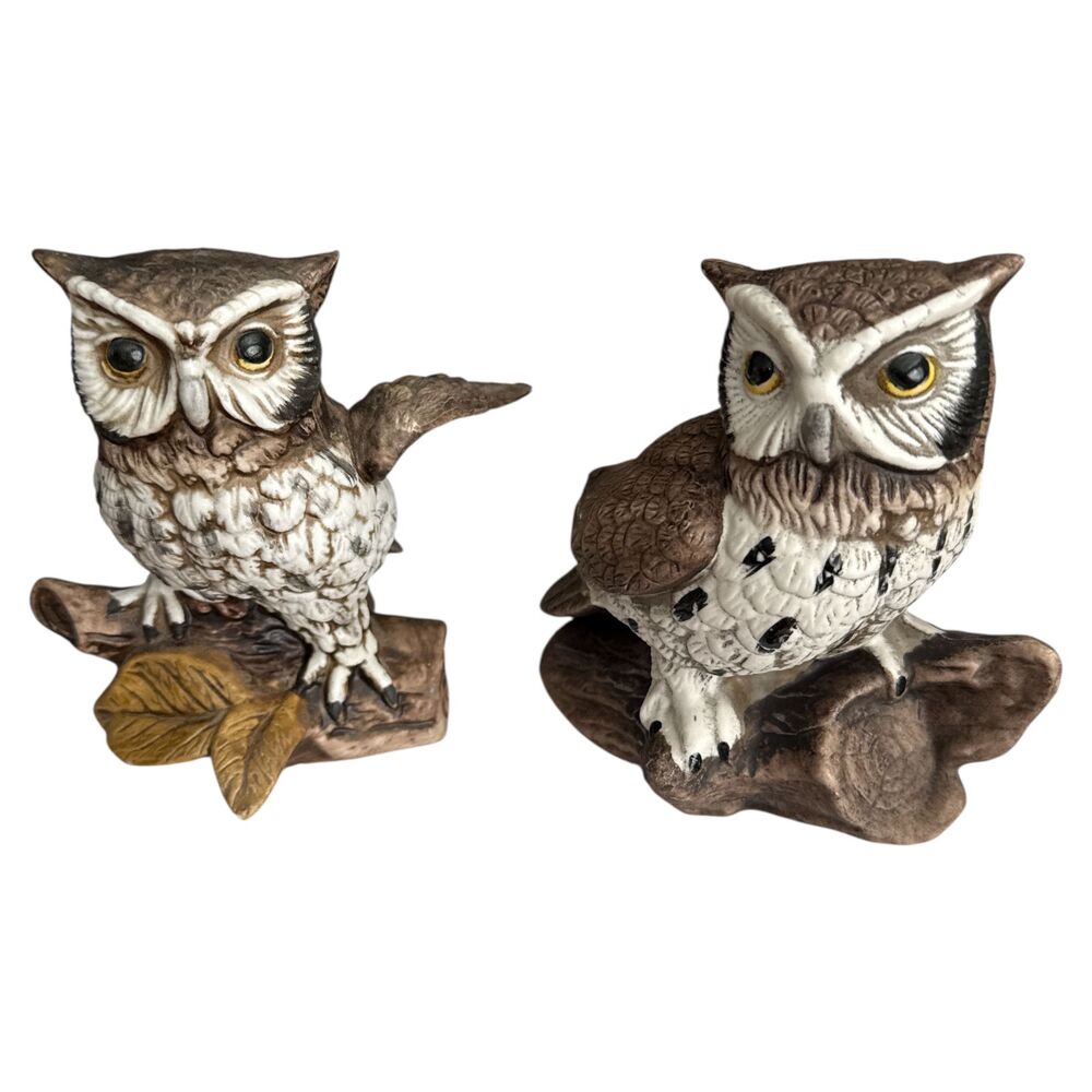Homco 1114 Owl Figurines Pair – Vintage Screech Owls – Original Labels – 6” Tall